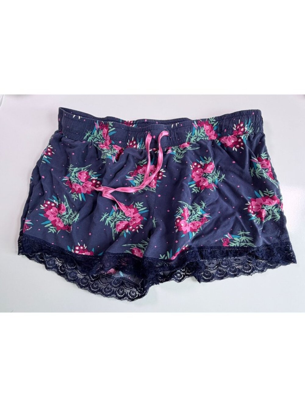 Indigo Blue Sleep Shorts Pink Floral XL Flower Drawstring Loungewear Lace Trim